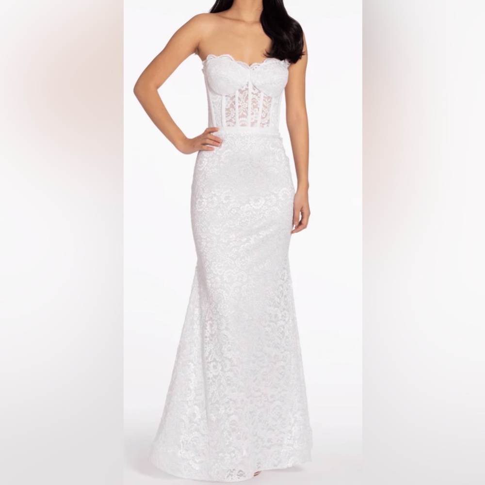 Camille La Vie Strapless White Lace Maxi Dress